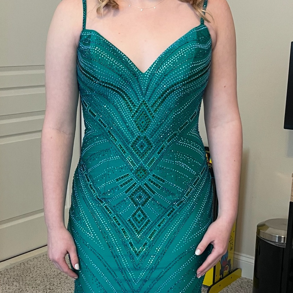 Teal Geometric Beaded Prom Dress